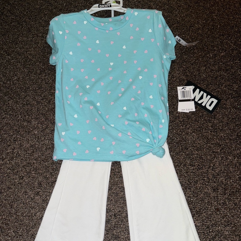DKNY Blue and Pink Heart Tee with White Pants